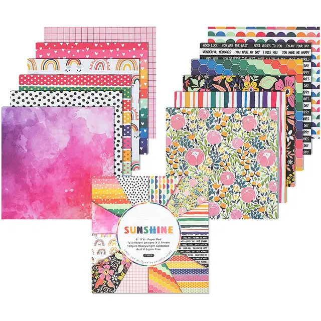 Papel de Scrapbook Colorido com 12 Folhas em Mais de 100 Estilos para Artesanato, Decoração e DIY - 15x15cm