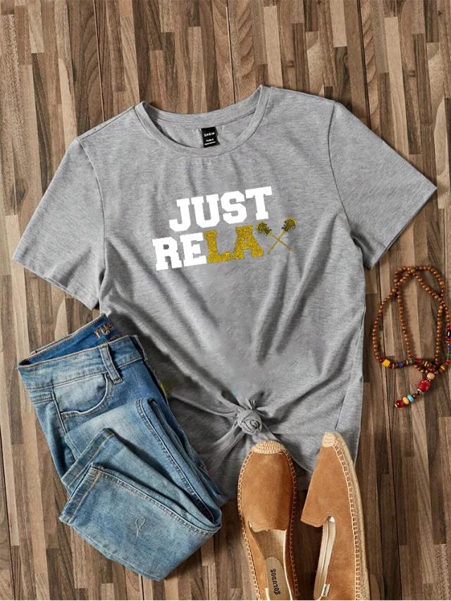 Camiseta Feminina Casual de Manga Curta com Estampa Engraçada de Lacrosse e Decote em O para o Verão