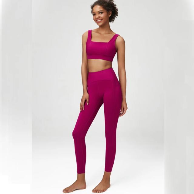 Conjunto Fitness de Ioga para Mulheres: Roupas Esportivas Monocromáticas com Sutiã e Leggings de Cintura Alta, Elásticas e Respiráveis