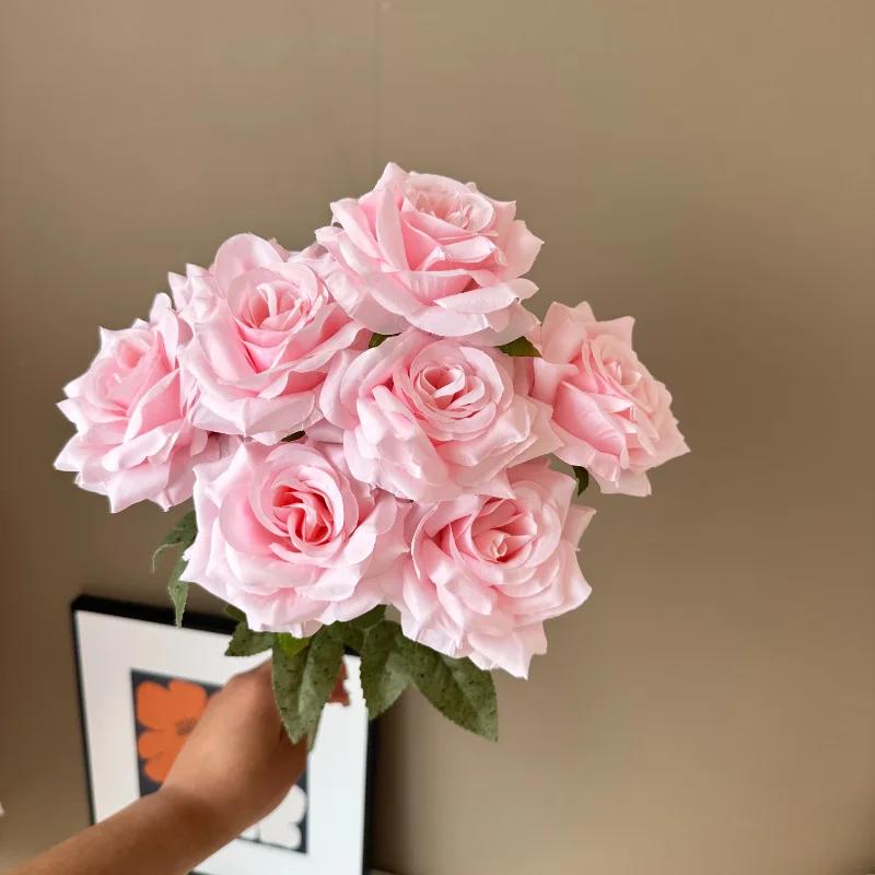 Bouquet Rosa Artificial com Camélia, Decoração Do Casamento, Cena Exibição, Presente Floral, Rosa, Branco, 9 Cabeças - Image 1