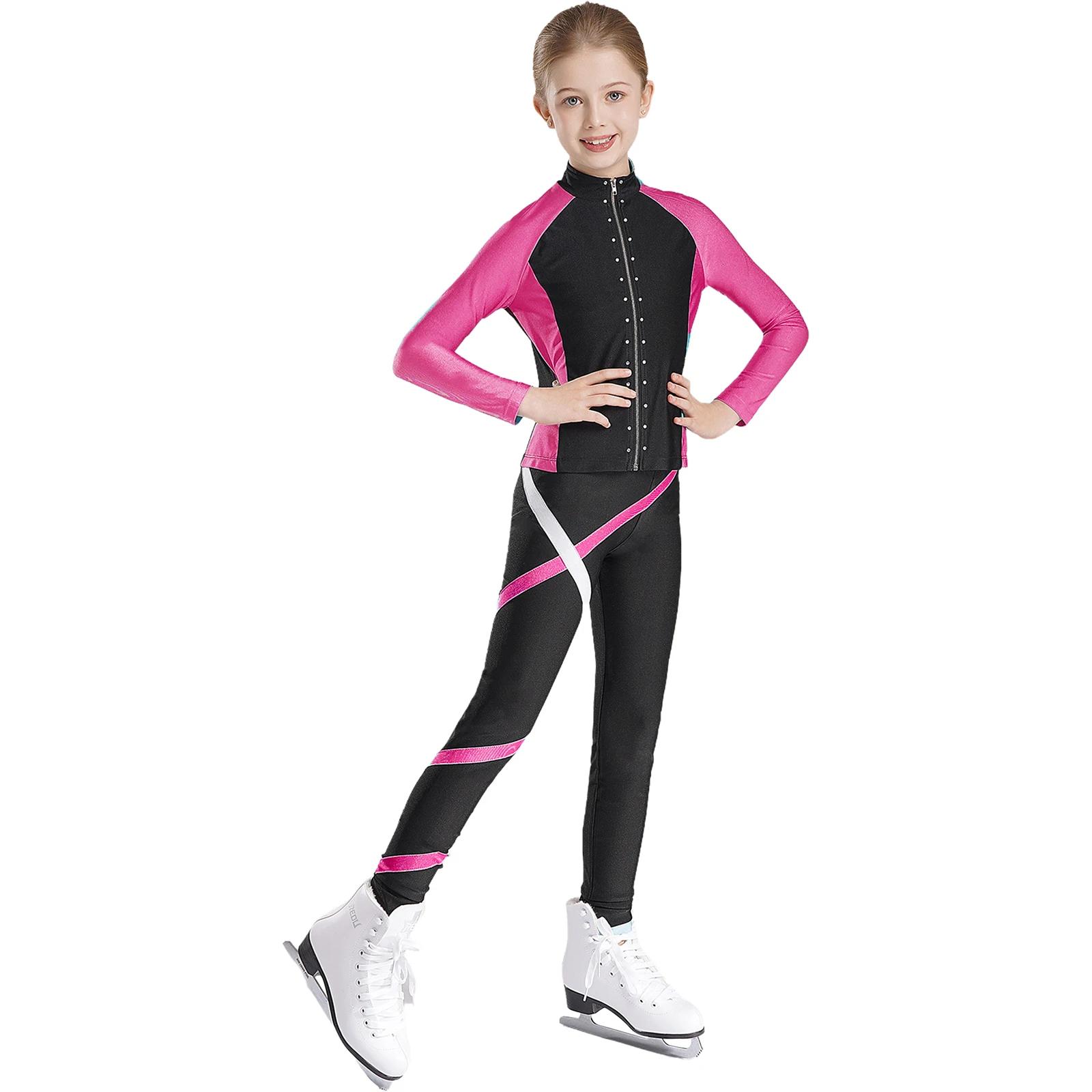 Jaqueta e calças de patinação no gelo para meninas, figura leve de strass, trajes artísticos de ginástica para crianças - Image 1