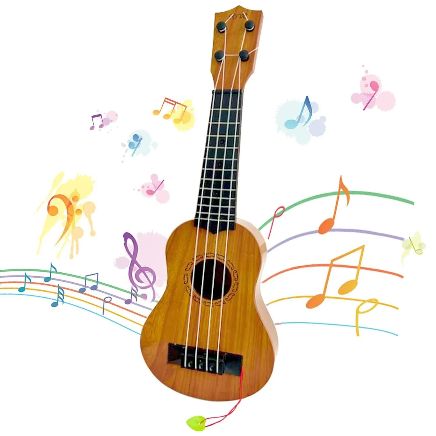 Guitarra ukulele com picareta para crianças e pré-escolares, instrumento musical educativo, brinquedo para crianças, 4 cordas, 17" - Image 1