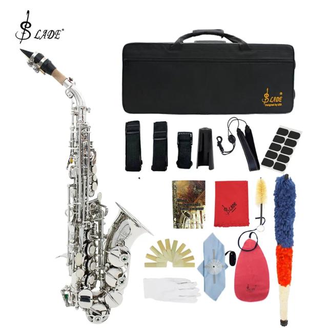 Saxofone Soprano Profissional SLADE em Latão Prateado com Acessórios Completos: Estojo, Cinta de Pescoço e Palhetas Inclusas