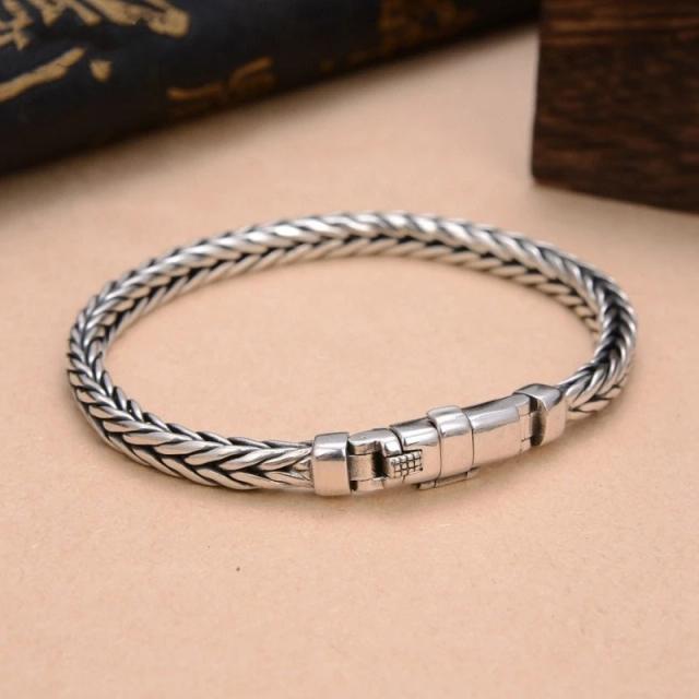 100% s925 prata esterlina artesanal tecido retro estilo dominador personalidade quilha homem mulher pura s925 prata pulseira jóias