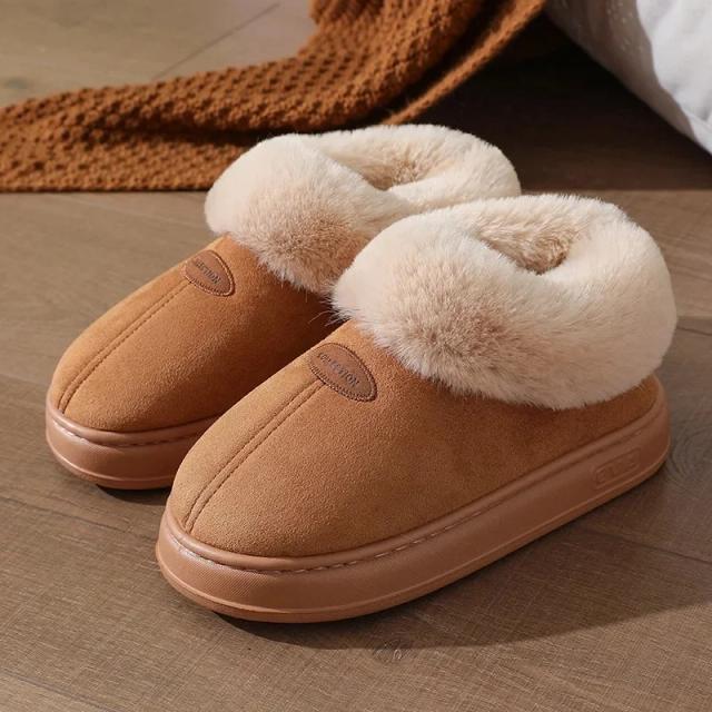 Botas de neve quentes para casa com fundo grosso feminino boca de pele grande inverno casal sapatos de algodão com salto confortável material eva