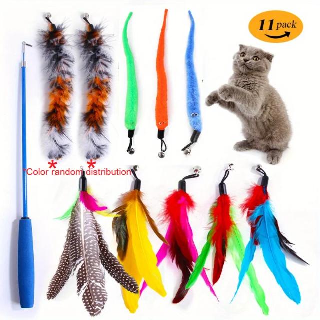 Brinquedo Interativo para Gatos: Varinha Retrátil com 14 Peças e Cabeça Substituível para Diversão Garantida