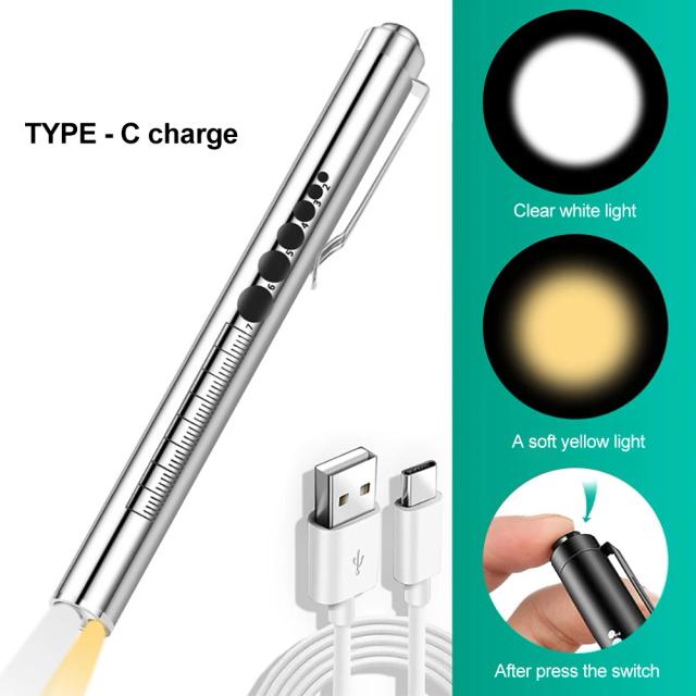 Usb recarregável médica acessível caneta luz mini lanterna de enfermagem led tocha lâmpada com clipe de aço inoxidável bolso lanterna led