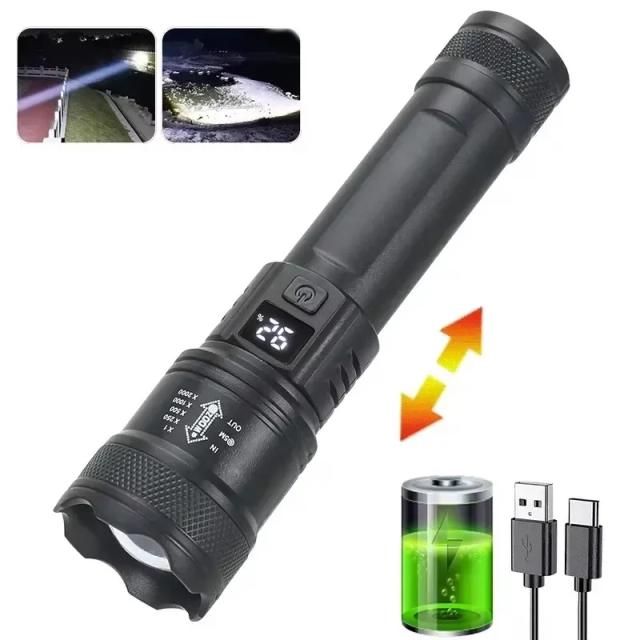 Lanterna Tática Recarregável LED Impermeável de Longo Alcance, Super Brilhante com 100000 LM para Acampamento e Pesca ao Ar Livre
