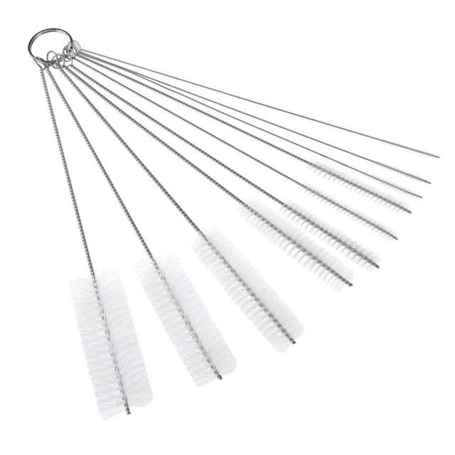 Conjunto de 10 Escovas de Limpeza para Tubos de Vidro e Garrafas - Nylon e Aço Inoxidável, Ferramentas Domésticas Essenciais