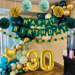Decorações de festa para homens e mulheres, papel pom poms, balões para 30 °, 50 ° e 60 ° aniversário, verde e dourado - Image 4