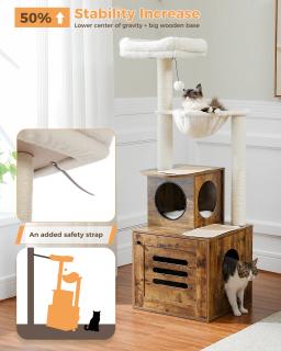 Árvore de madeira com caixa de areia para gatos Torre grande Arranhador Rede, Raspador de poleiro grande, Acessórios para gatos, Brinquedos - Image 4