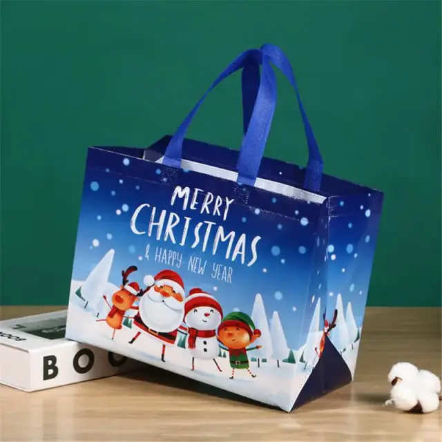 Saco de Presente de Natal Eco-Friendly com Desenhos Animados de Papai Noel e Boneco de Neve - Sacola Dobrável para Compras e Decoração de Festas de Ano Novo