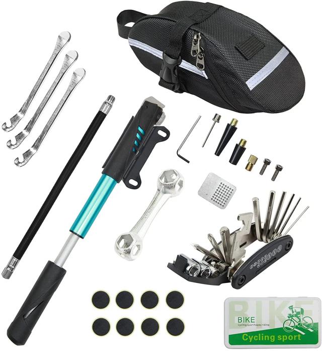 Kit Completo de Ferramentas para Reparo de Pneus de Bicicleta com Mini Bomba, Ferramenta 16 em 1 e Kit de Remendo - Ideal para Ciclistas de Montanha