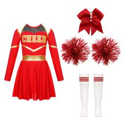 Fato de torcida feminino, Líder de torcida, Vestido de dança brilhante, Uniforme com Pom Poms, Esportes do Dia das Bruxas, Roupas alegres, Crianças - Image 1