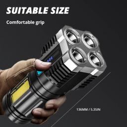 Lanternas LED de alta potência Tocha de acampamento 4 grânulos de lâmpada Luz lateral COB Lanterna de mão portátil recarregável 4 modo de iluminação - Image 2