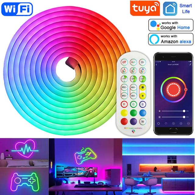 Fita LED Neon RGB Flexível com Controle Tuya Smart Life - Ideal para Decoração de Casa e Festas, Compatível com Alexa e Google Home