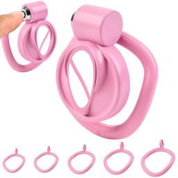 Masculino Penis Chastity Cage Set, Bird Cage Belt, Bondage Slave for Man, Pink Lock Ring, 5 tamanhos Anéis, Melhoria Lock Ring, Sex Toy - Image 1