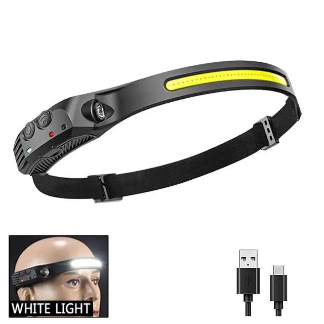 Cob led farol de indução lâmpada de cabeça bateria embutida usb recarregável cabeça lanterna acampamento ao ar livre pesca sensor farol - Image 1