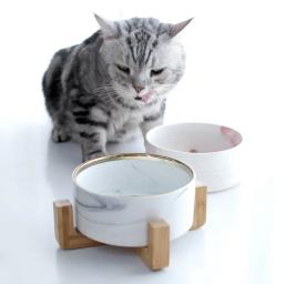 Tigela de cerâmica marmorecom suporte de madeira para animais, tigelas duplas para comida e água, suprimentos de alimentação elevados para filhotes pequenos e gatos - Image 2
