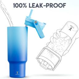 Meoky Copo de aço inoxidável, garrafa de água isolada a vácuo azul para home office ou carro, copo reutilizável, flip resistente a vazamento, 40oz - Image 3