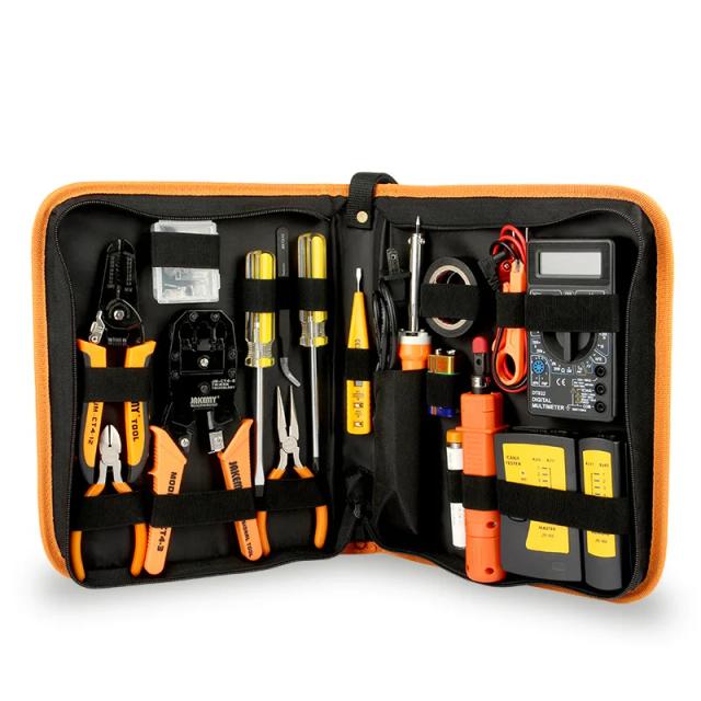 Kit 17 em 1 de Ferramentas para Reparo de Redes com Caneta Teste Elétrico e Alicates para Eletricistas