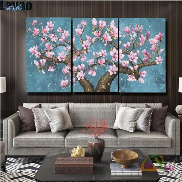 Pintura em Diamante Rosa Magnólia: Conjunto de 3 Peças para Decorar Seu Quarto com Arte de Mosaico em Cristal DIY