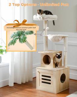 Árvore de madeira com caixa de areia para gatos Torre grande Arranhador Rede, Raspador de poleiro grande, Acessórios para gatos, Brinquedos - Image 1