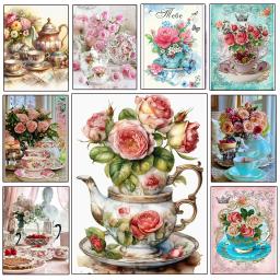 Diamante Pintura Adesivos De Parede para Decoração De Casa, Mosaico Xícara De Chá, Bule Rosa, Quadrado Completo ou Redondo, Presente - Image 1