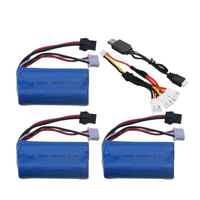Bateria Lipo 14500 SM-2P 7.4V 1200mAh com Carregador USB para Helicópteros, Barcos e Carros de Controle Remoto