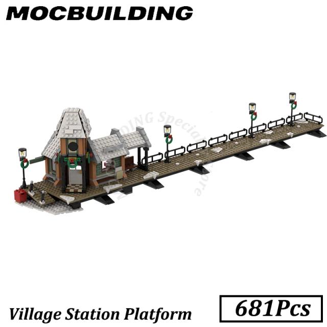 Estação Ferroviária de Aldeia com Plataforma - Blocos de Construção MOC para Brincar e Exibir, Presente Ideal para Aniversário.
