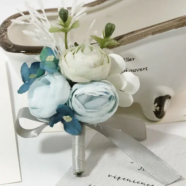 Boutonniere e Corsage de Flores Azuis Artificiais para Casamento - Acessórios Artesanais para Noivo e Dama com Pulseira e Alfinetes