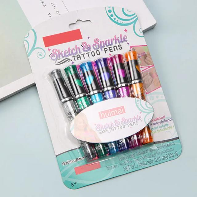 Conjunto de 6 Canetas de Gel Glitter Laváveis para Tatuagem e Artesanato com Ponta de 1.0mm - DIY e Decoração Criativa