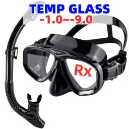 Conjunto de Máscara de Mergulho Miopia, Snorkel, Vidro Temperado, Seco Top Natação Googles, Lentes Míopes, Visão Curta - Image 1