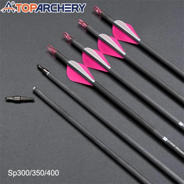 Toparchery tiro com arco setas de carbono puro, pena de braseira, coluna 300/350/400 caça ao ar livre tiro recurvo arco seta acessórios