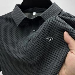 Camisa polo bordada masculina, Ice Cool Hollow, lapela de seda, camisa polo de malha, top confortável casual, moda luxuosa, verão, nova - Image 1