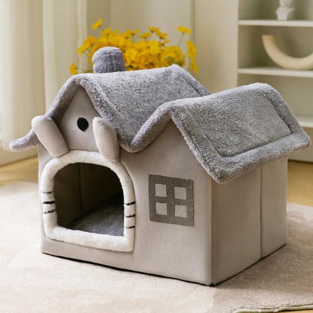 Casa dobrável com castelo destacável e cama lavável para gatos e cães pequenos, ideal para o inverno