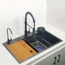 304 aço inoxidável Single Nano Kitchen Sink, Lavatório com tábua de cortar, Acima do monte, Preto fosco - Image 3