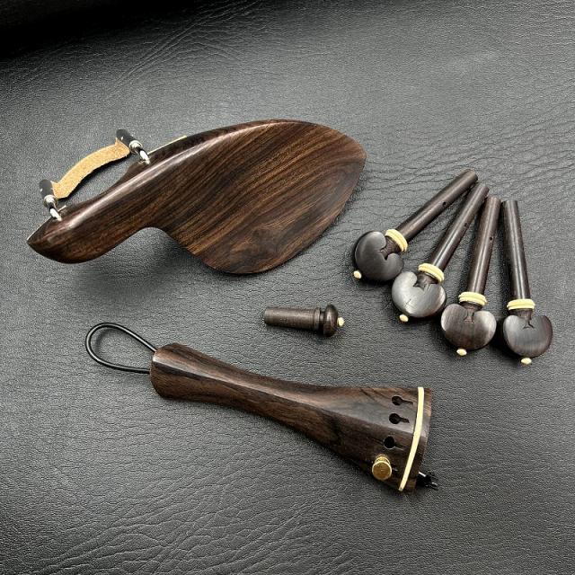 Conjunto Premium de Acessórios para Violino 4/4 em Ébano Natural: Tailpiece, Pinos de Ajuste, Endpins e Descanso de Queixo