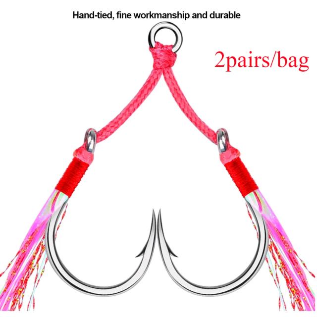 Ganchos de Pesca Ganchos Duplos Farpados Rosa com Penas Aço Alto Carbono 2 Pares