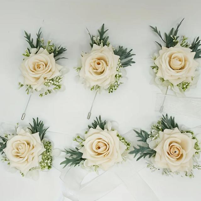 Conjunto de Acessórios para Casamento Champagne com Corsage e Boutonniere em Rosas, Ideal para Noiva, Dama de Honra e Noivo - 1 Unidade e 6 Peças