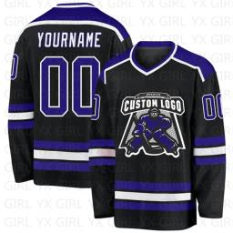 Jersey de hóquei personalizado para homens e mulheres, preto, roxo-branco, impressão 3D, nome, número, juventude, treinamento de competição - Image 1