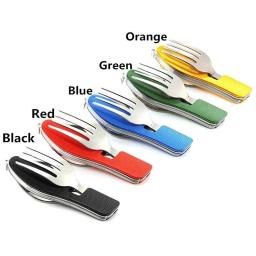 Aço inoxidável Folding Pocket Cutelaria, Camping Utensílios, Caminhadas Kits, Kits de Sobrevivência, Viagem, 4 em 1 - Image 3