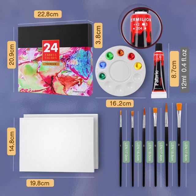 Kit Completo de Tintas para Tecido com 12 ou 24 Cores, 6 Pincéis e Paleta - Pintura Durável para Roupas e Sapatos