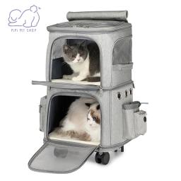 Porta-aviões de dupla camada com rodas removíveis para pequenos animais, bolsa de viagem respirável, carrinho de conforto, caixa, 2 gatos cães - Image 3