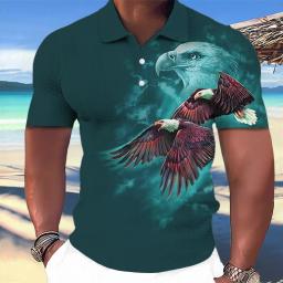 Camisa polo com estampa águia animal masculina, estampa 3D, colarinho de botão, casual, manga curta Tops grandes, roupas de moda masculina, verão - Image 3