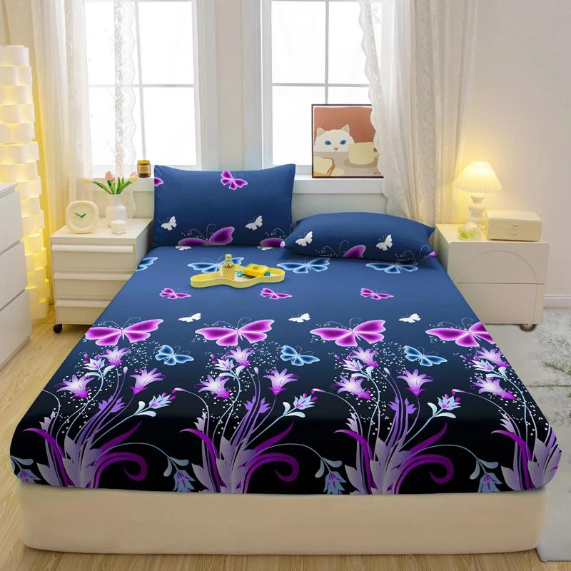 3-Piece Set Folha equipada com padrão de borboleta, impresso tampa da cama, simples e moderno, fosco, quarto, cama - Image 1
