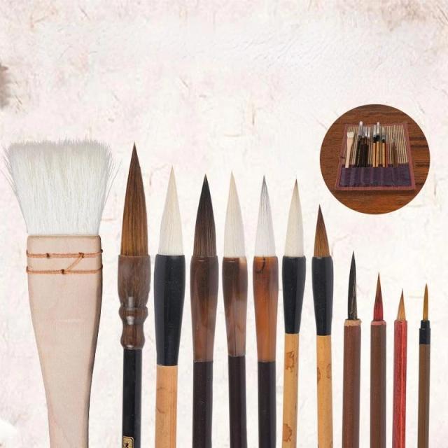 Conjunto de 12 Pincéis para Pintura Chinesa Tradicional: Ferramentas de Tinta à Mão para Paisagens e Desenhos Artísticos
