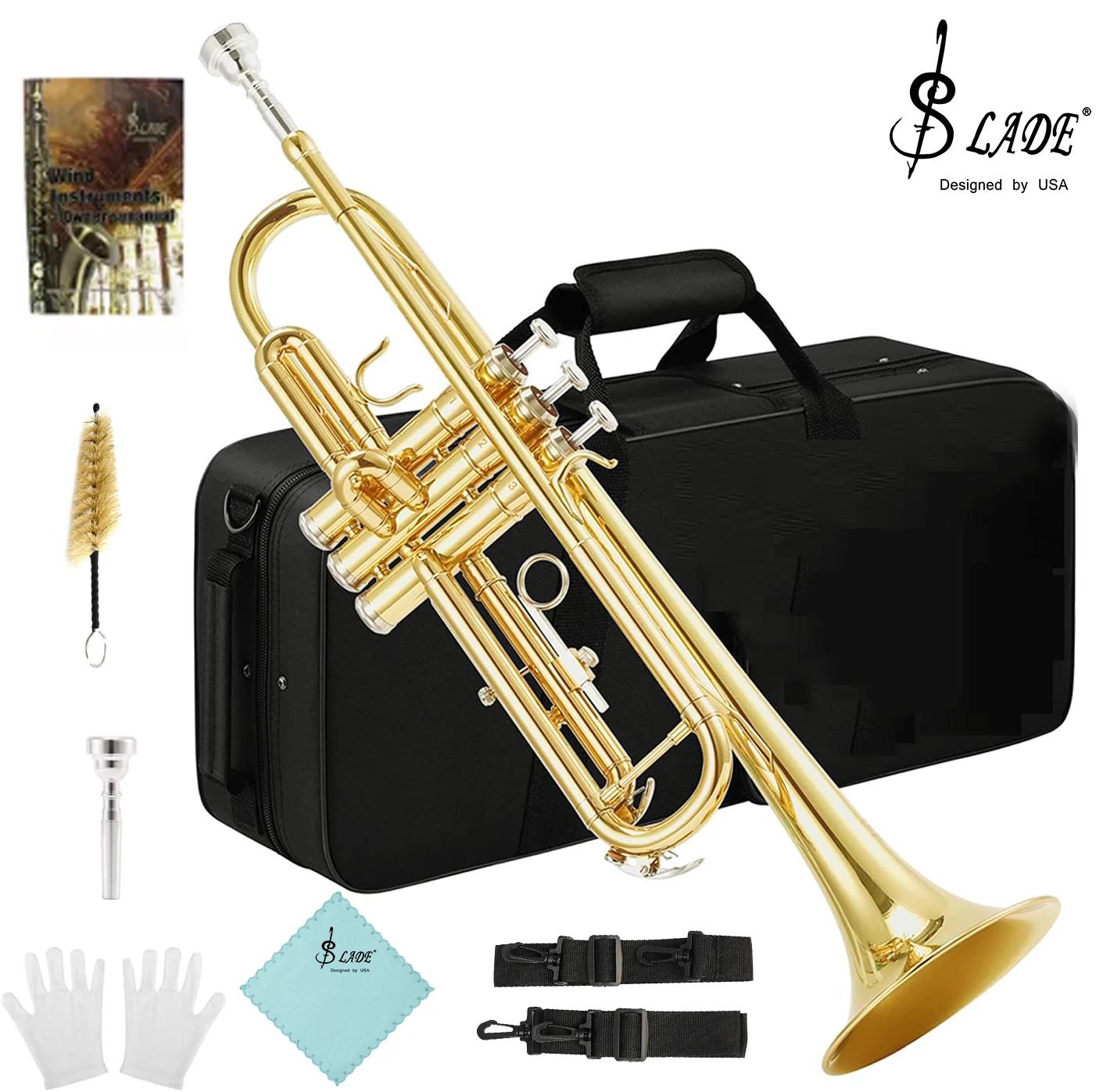 SLADE Bb Conjunto de trompete dourado padrão Trompete de latão para iniciantes Estudante Instrumento de trompete com casca dura 7C Ventilador Luvas Peças - Image 1