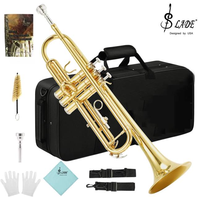 Conjunto Completo de Trompete Dourado para Iniciantes - Inclui Instrumento de Latão, Boquilha 7C, Ventilador, Luvas e Estojo Duro