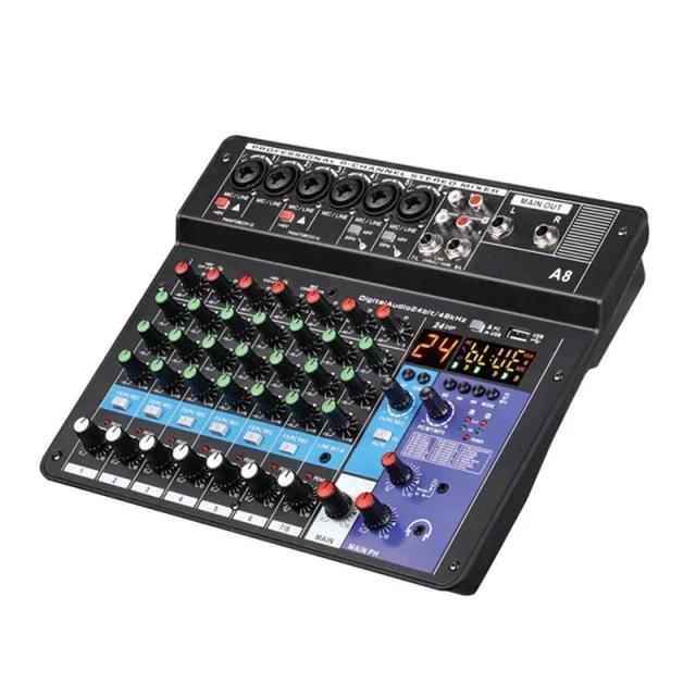 Mixer de Áudio Profissional de 8 Canais com Bluetooth, USB e Alimentação de 48V para Gravação de Festas e Karaokê